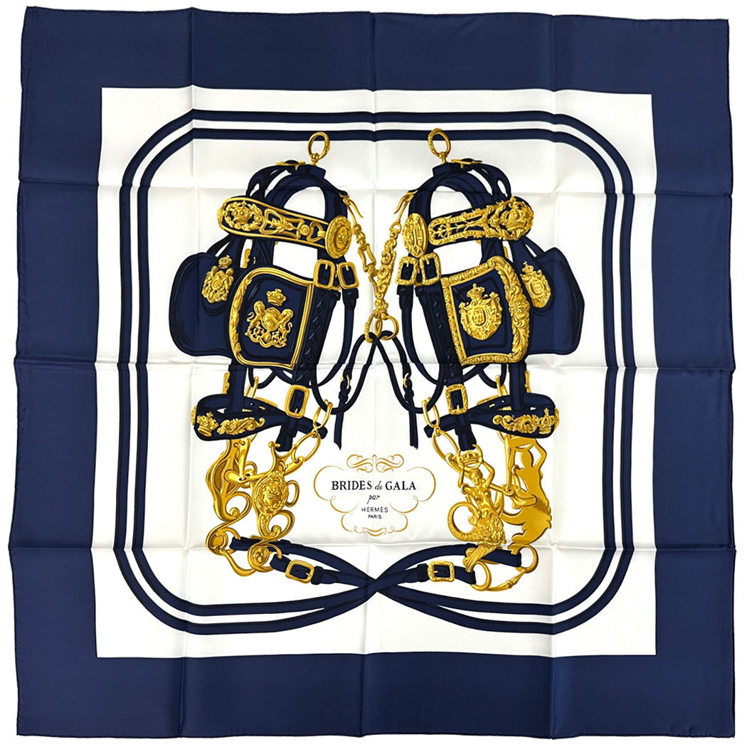 HERMES エルメス カレ90 BRIDES de GALA 式典用馬勒 スカーフ ネイビー シルク レディース 【中古】