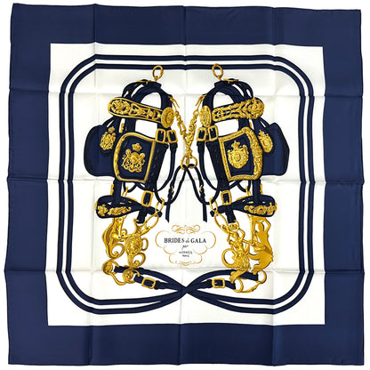 HERMES エルメス カレ90 BRIDES de GALA 式典用馬勒 スカーフ ネイビー シルク レディース 【中古】