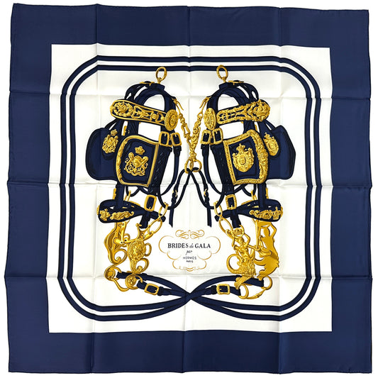 HERMES エルメス カレ90 BRIDES de GALA 式典用馬勒 スカーフ ネイビー シルク レディース 【中古】