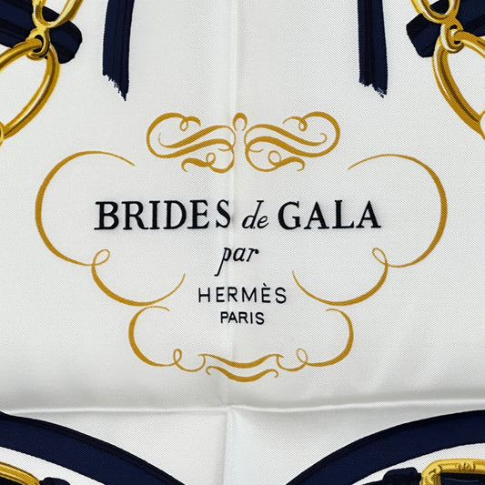 HERMES エルメス カレ90 BRIDES de GALA 式典用馬勒 スカーフ ネイビー シルク レディース 【中古】