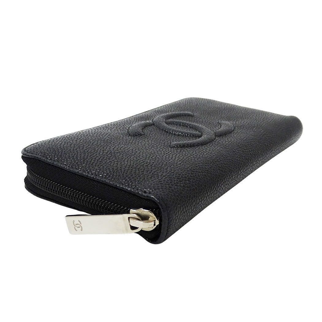 CHANEL シャネル 長財布 ブラック シルバー金具 キャビアスキン レディース 【中古】