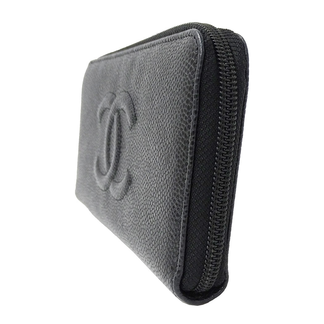 CHANEL シャネル 長財布 ブラック シルバー金具 キャビアスキン レディース 【中古】
