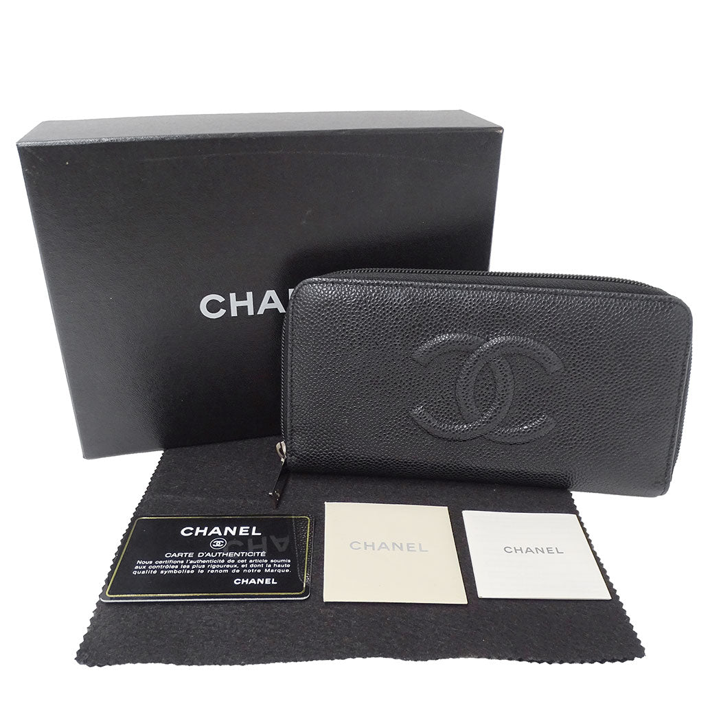 CHANEL シャネル 長財布 ブラック シルバー金具 キャビアスキン レディース 【中古】