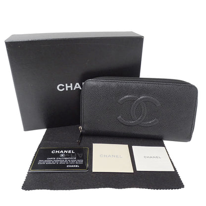 CHANEL シャネル 長財布 ブラック シルバー金具 キャビアスキン レディース 【中古】