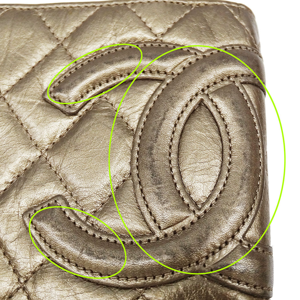CHANEL シャネル 二つ折り財布 カンボン ゴールド系 シルバー金具 レザー レディース 【中古】