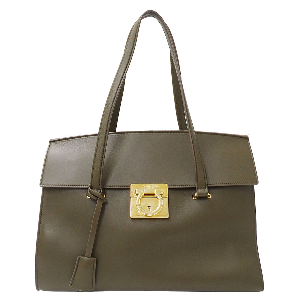 Ferragamo フェラガモ ハンドバッグ ガンチーニ カーキグリーン DY-21 F818 レザー レディース 【中古】