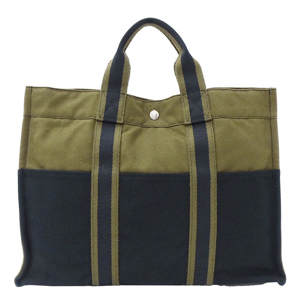 HERMES エルメス フールトゥ トートMM トートバッグ カーキグリーン ネイビー キャンバス レディース メンズ 【中古】
