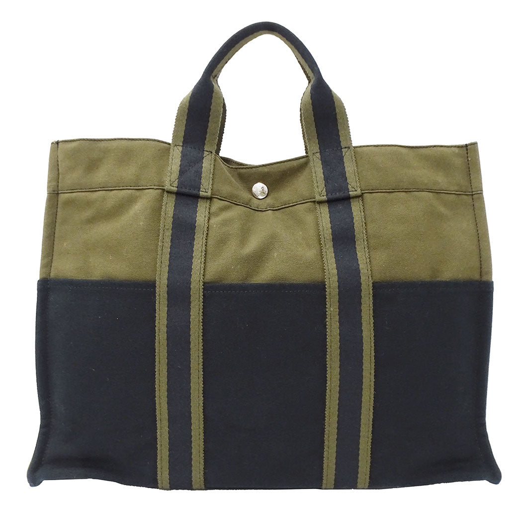 HERMES エルメス フールトゥ トートMM トートバッグ カーキグリーン ネイビー キャンバス レディース メンズ 【中古】