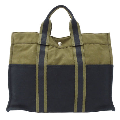 HERMES エルメス フールトゥ トートMM トートバッグ カーキグリーン ネイビー キャンバス レディース メンズ 【中古】