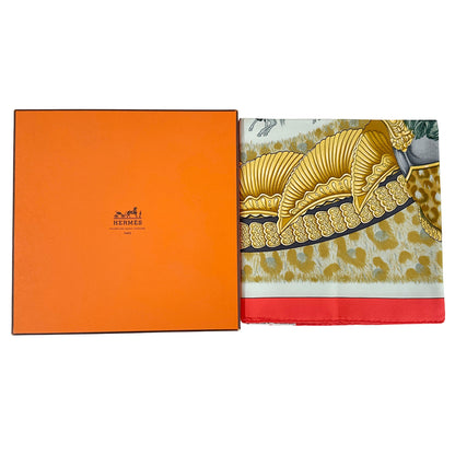 HERMES エルメス カレ90 CASQUES et PLUMETS 面貌のない兜 スカーフ レッド イエロー シルク レディース 【中古】