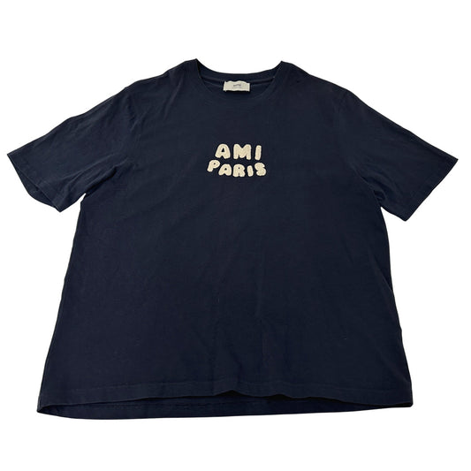 Ami Paris アミパリス 半袖Ｔシャツ ネイビー ホワイト コットン レディース メンズ 【中古】