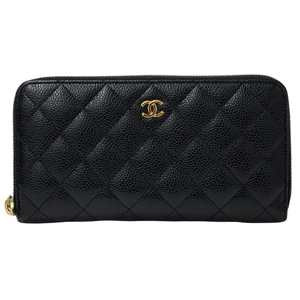 CHANEL シャネル 長財布 マトラッセ ブラック ゴールド金具 キャビアスキン レディース 【中古】
