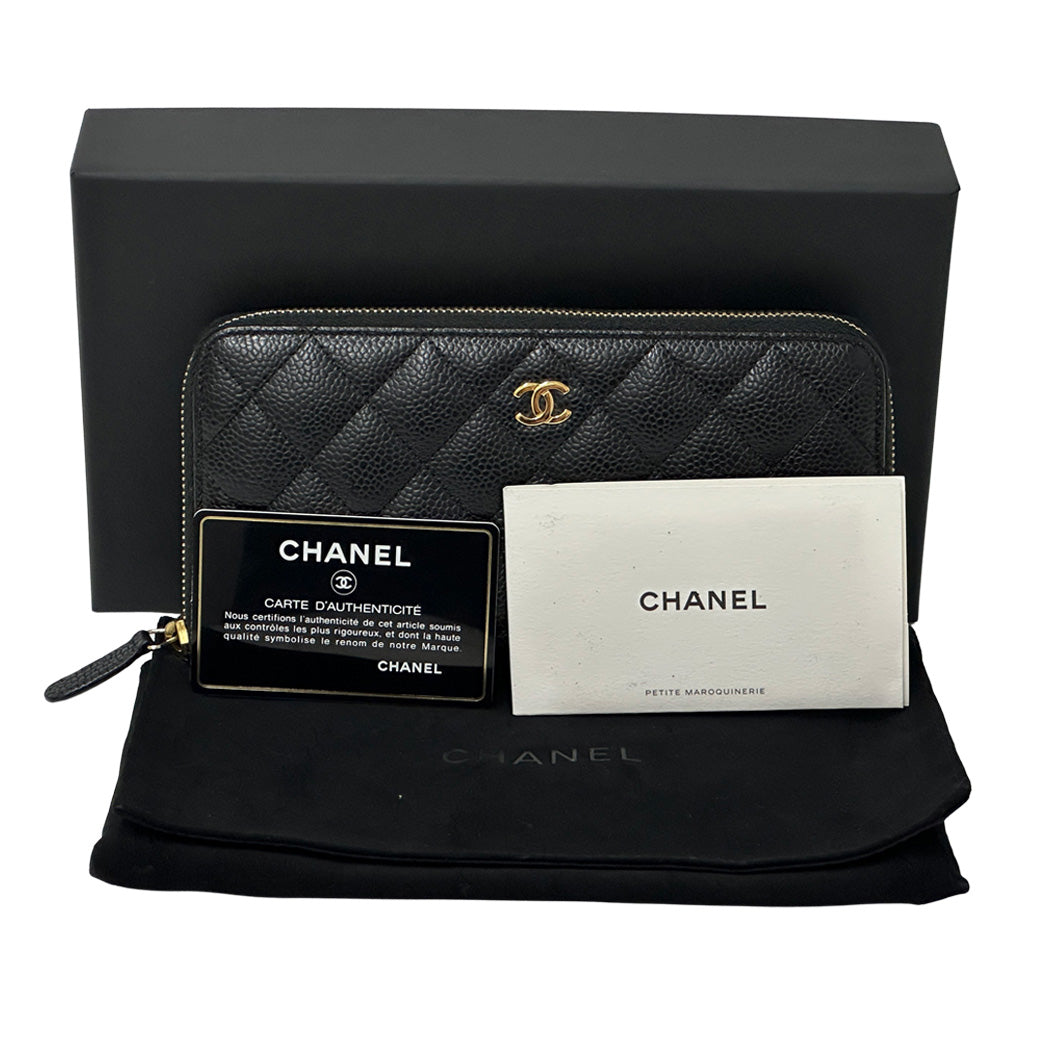 CHANEL シャネル 長財布 マトラッセ ブラック ゴールド金具 キャビアスキン レディース 【中古】