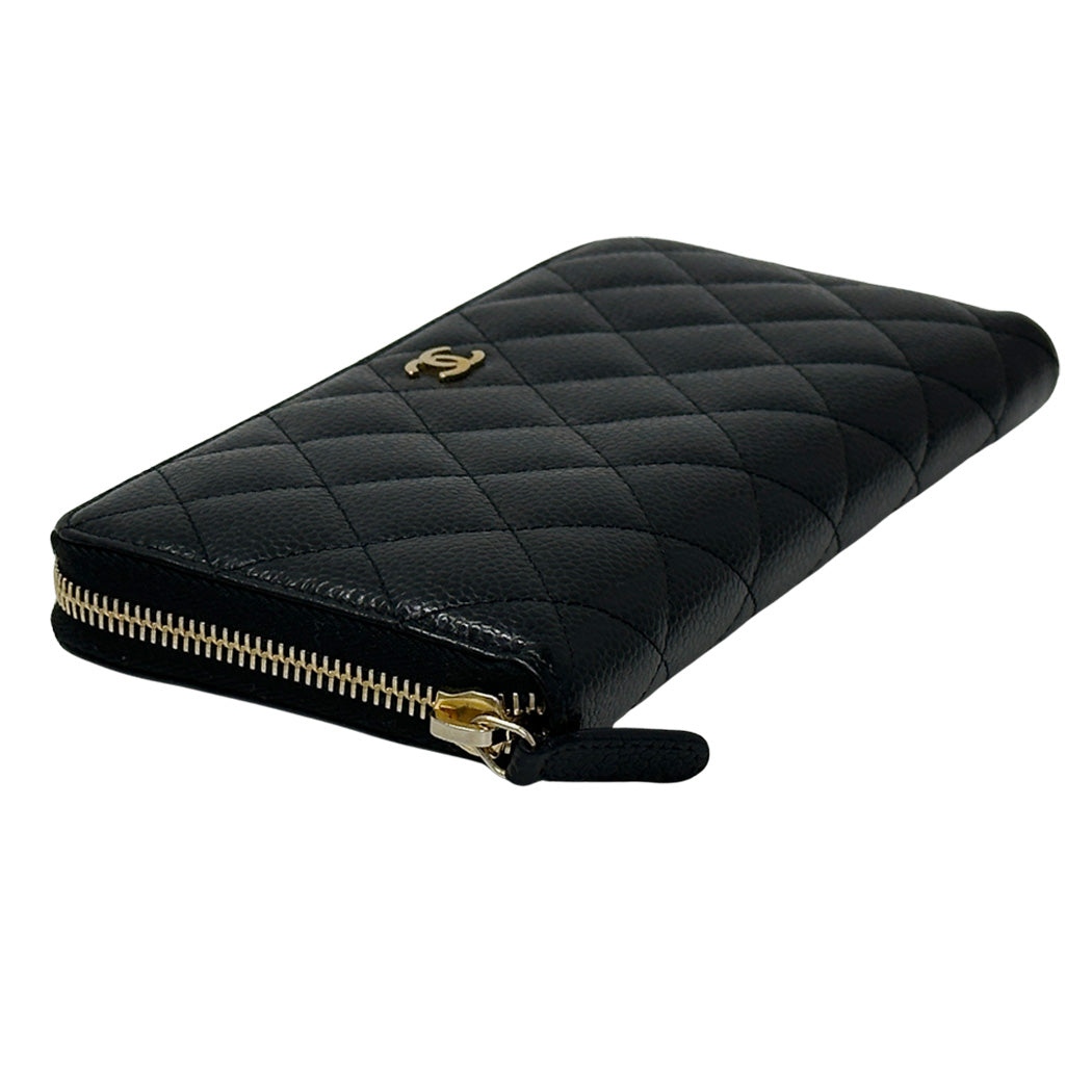 CHANEL シャネル 長財布 マトラッセ ブラック ゴールド金具 キャビアスキン レディース 【中古】