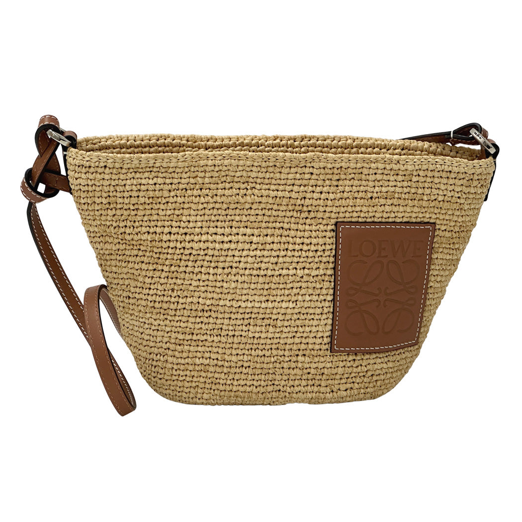 LOEWE ロエベ スリットポシェットバッグ ショルダーバッグ アナグラム ベージュ ブラウン ラフィア レディース 【中古】