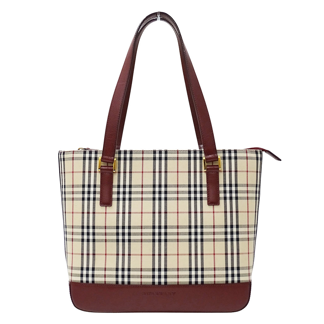 BURBERRY バーバリー トートバッグ ベージュ ボルドー キャンバス レディース 【中古】