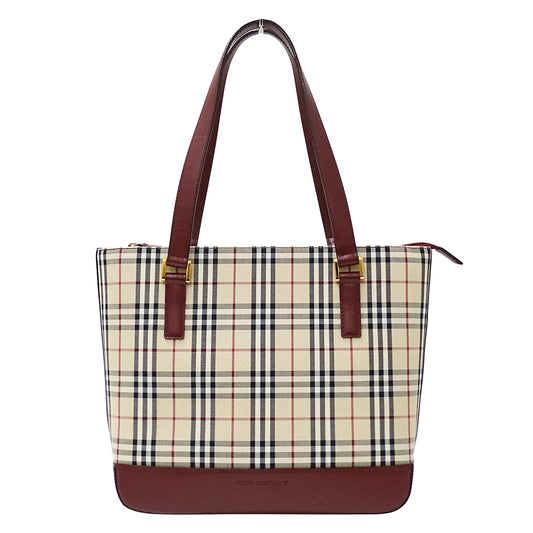 BURBERRY バーバリー トートバッグ ベージュ ボルドー キャンバス レディース 【中古】