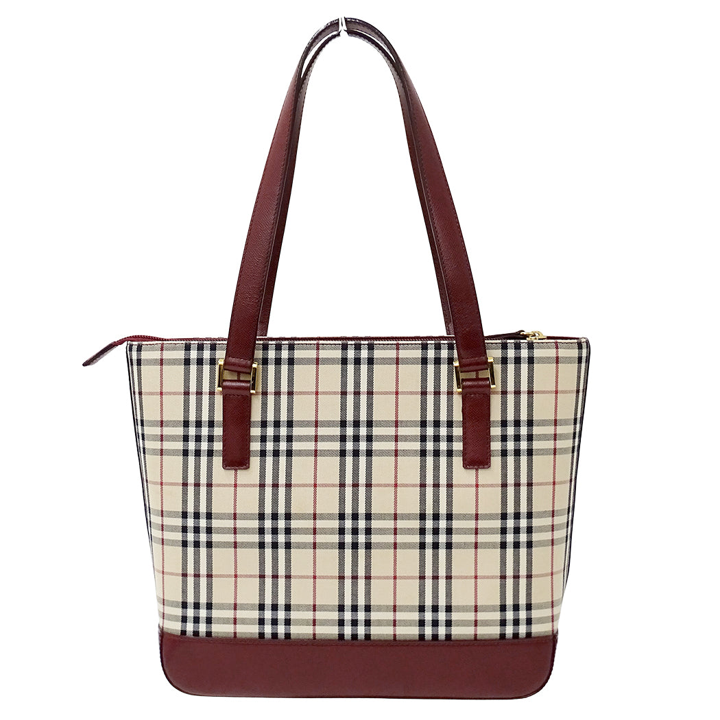 BURBERRY バーバリー トートバッグ ベージュ ボルドー キャンバス レディース 【中古】