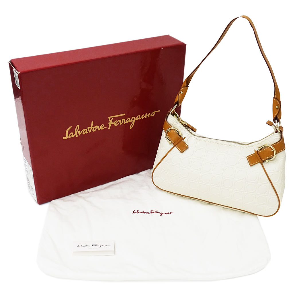 Ferragamo フェラガモ ショルダーバッグ ガンチーニ ホワイト ブラウン AU-21 4436 レザー レディース 【中古】