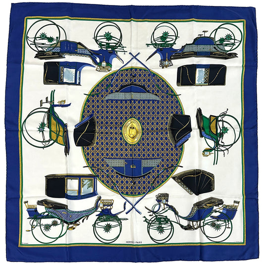 HERMES エルメス カレ90 LES VOIYURES A TRANSFORMATION 折りたたみ式幌の馬車 スカーフ ブルー マルチカラー シルク レディース 【中古】