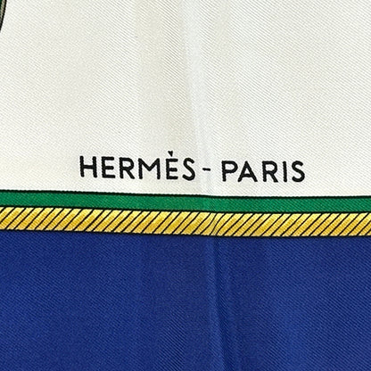 HERMES エルメス カレ90 LES VOIYURES A TRANSFORMATION 折りたたみ式幌の馬車 スカーフ ブルー マルチカラー シルク レディース 【中古】