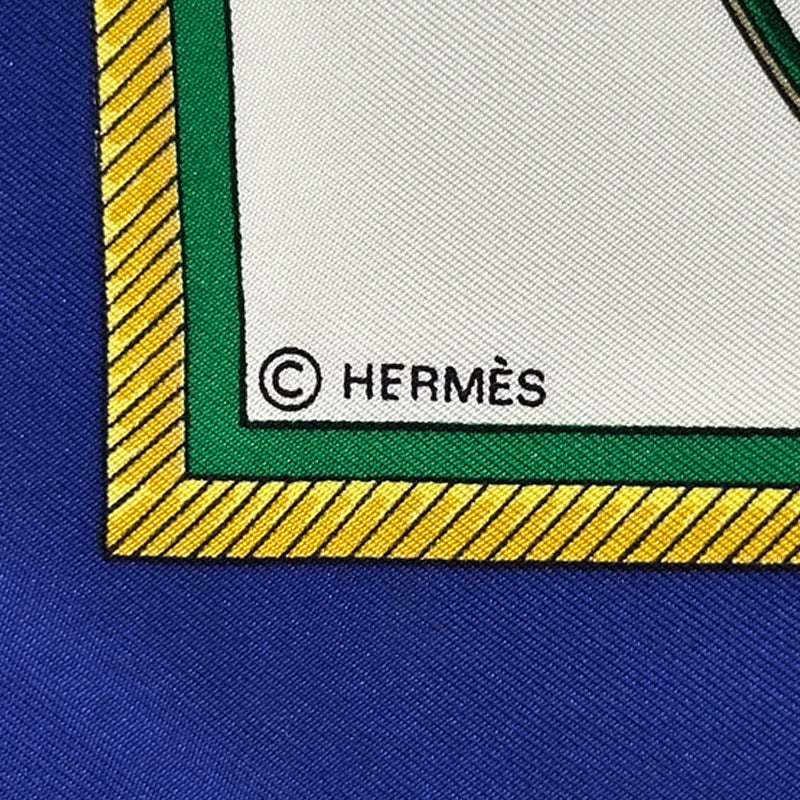 HERMES エルメス カレ90 LES VOIYURES A TRANSFORMATION 折りたたみ式幌の馬車 スカーフ ブルー マルチカラー シルク レディース 【中古】