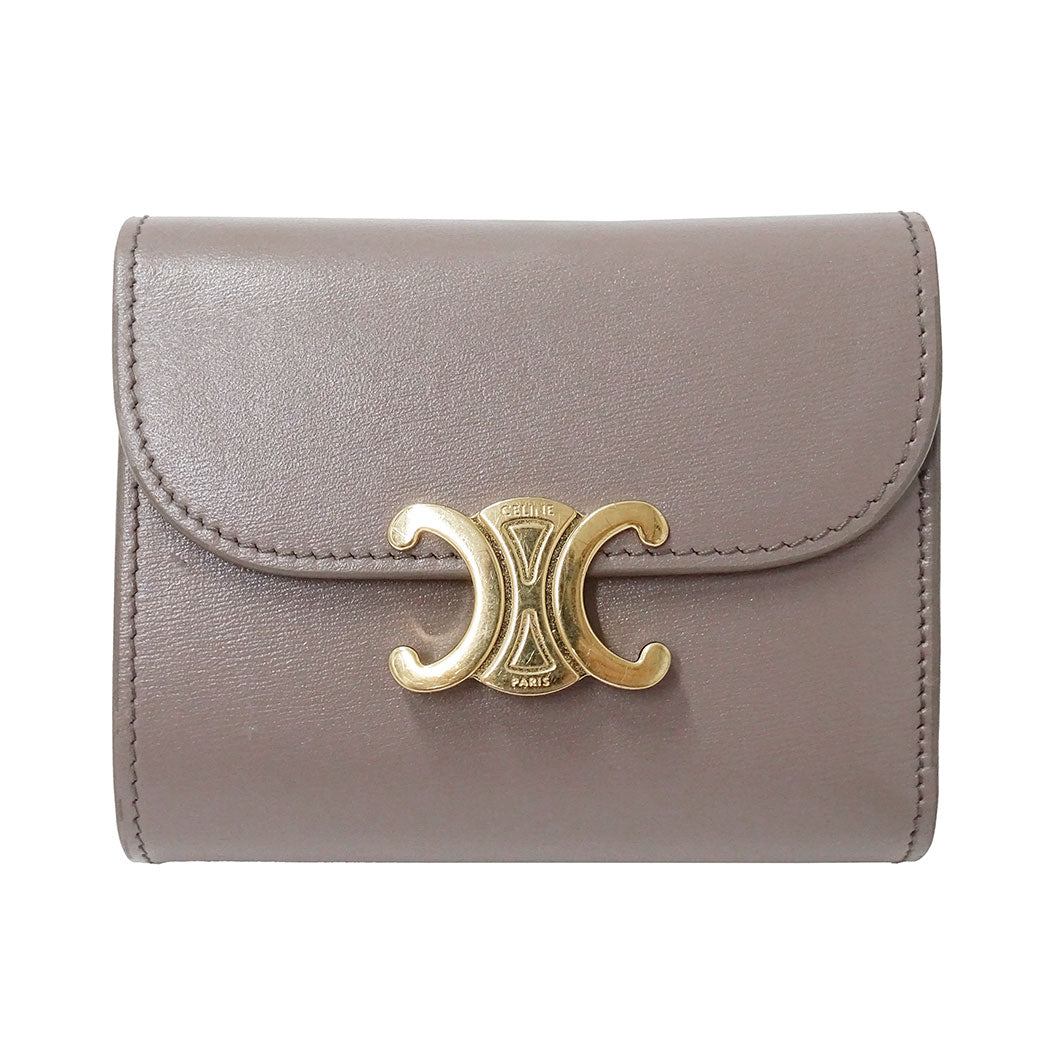 CELINE セリーヌ 三つ折り財布 トリオンフ グレージュ レザー レディース 【中古】