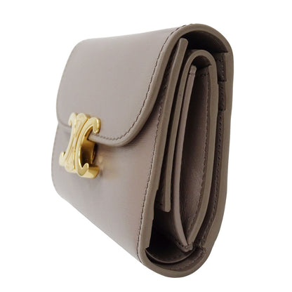CELINE セリーヌ 三つ折り財布 トリオンフ グレージュ レザー レディース 【中古】