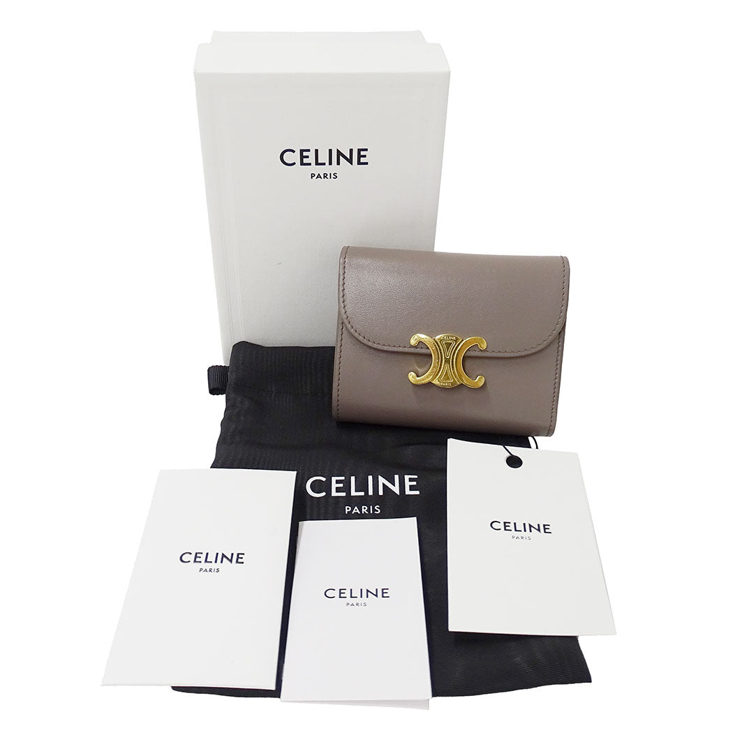 CELINE セリーヌ 三つ折り財布 トリオンフ グレージュ レザー レディース 【中古】