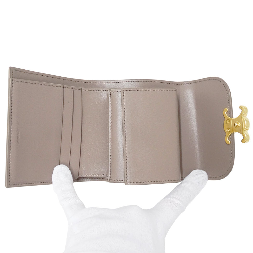 CELINE セリーヌ 三つ折り財布 トリオンフ グレージュ レザー レディース 【中古】