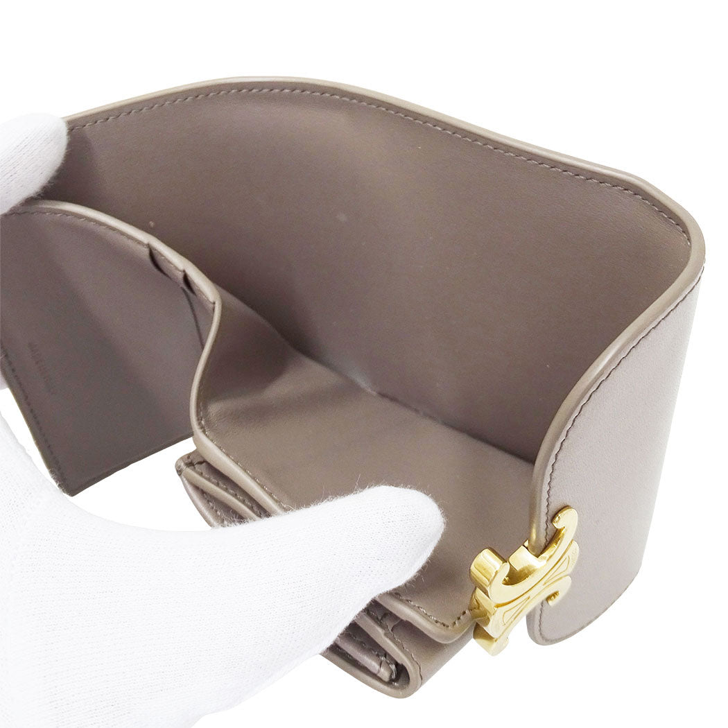 CELINE セリーヌ 三つ折り財布 トリオンフ グレージュ レザー レディース 【中古】