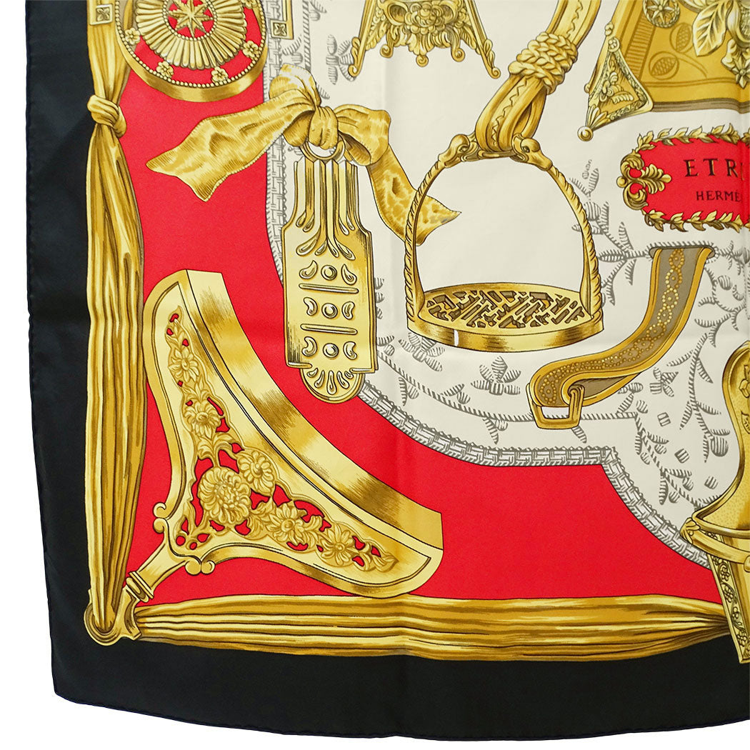 HERMES エルメス カレ90 ETRIERS 鐙 スカーフ ブラック ゴールド シルク レディース 【中古】