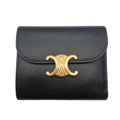CELINE セリーヌ 二つ折り財布 トリオンフ ブラック レザー レディース 【中古】