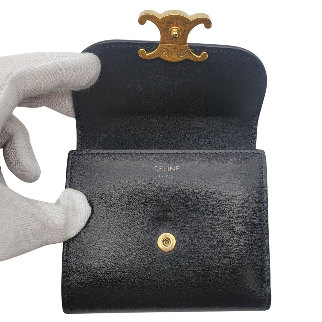 CELINE セリーヌ 二つ折り財布 トリオンフ ブラック レザー レディース 【中古】
