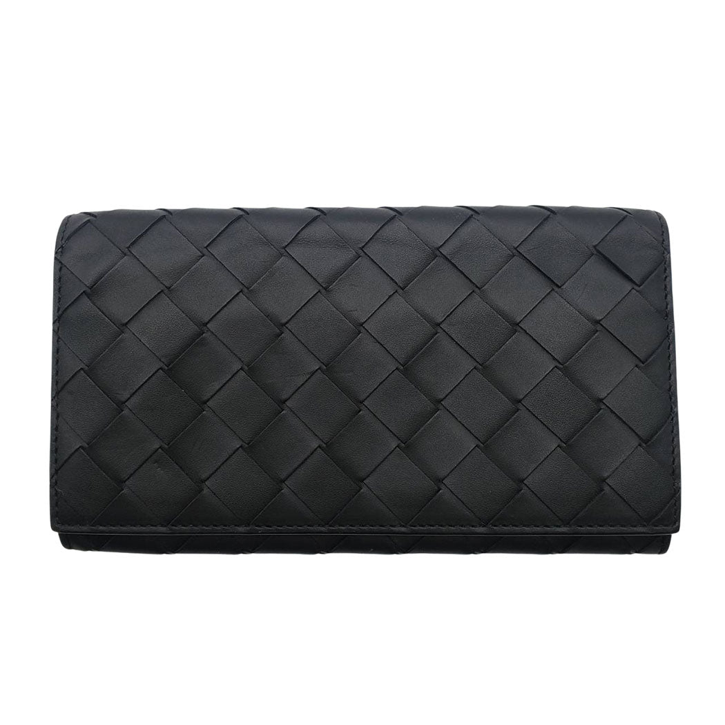 BOTTEGAVENETA ボッテガ・ヴェネタ 長財布 イントレチャート ブラック グリーン レザー メンズ 【中古】