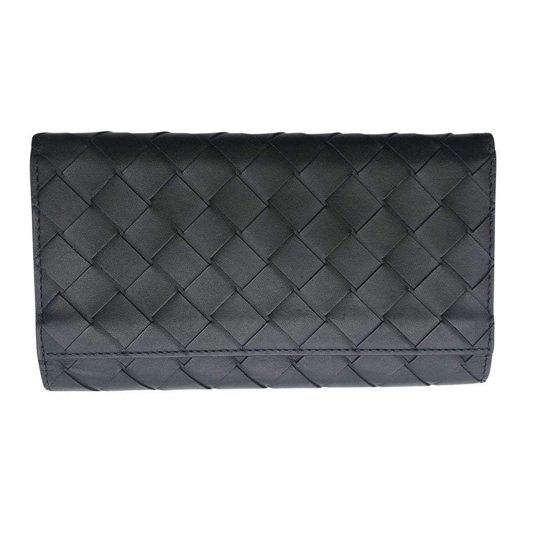 BOTTEGAVENETA ボッテガ・ヴェネタ 長財布 イントレチャート ブラック グリーン レザー メンズ 【中古】