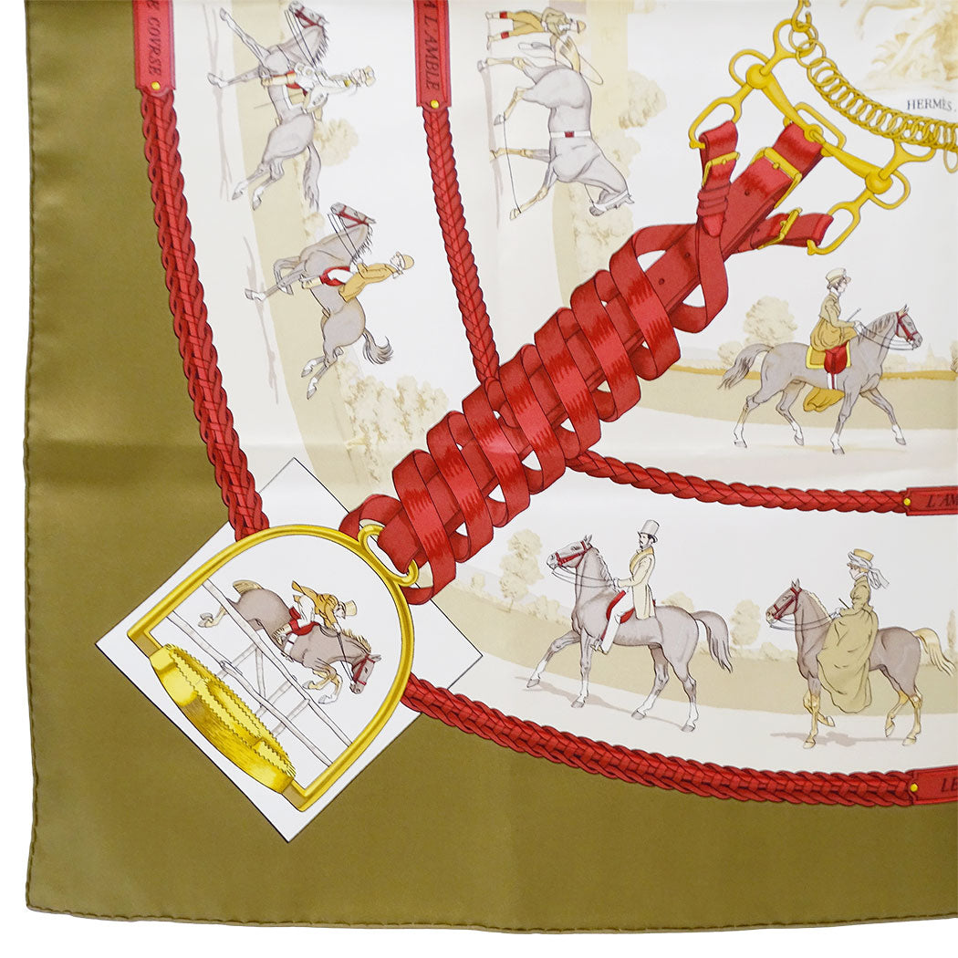 HERMES エルメス カレ90 LES ALLURES DU CHEVAL 馬の歩法 スカーフ ブラウン シルク レディース 【中古】
