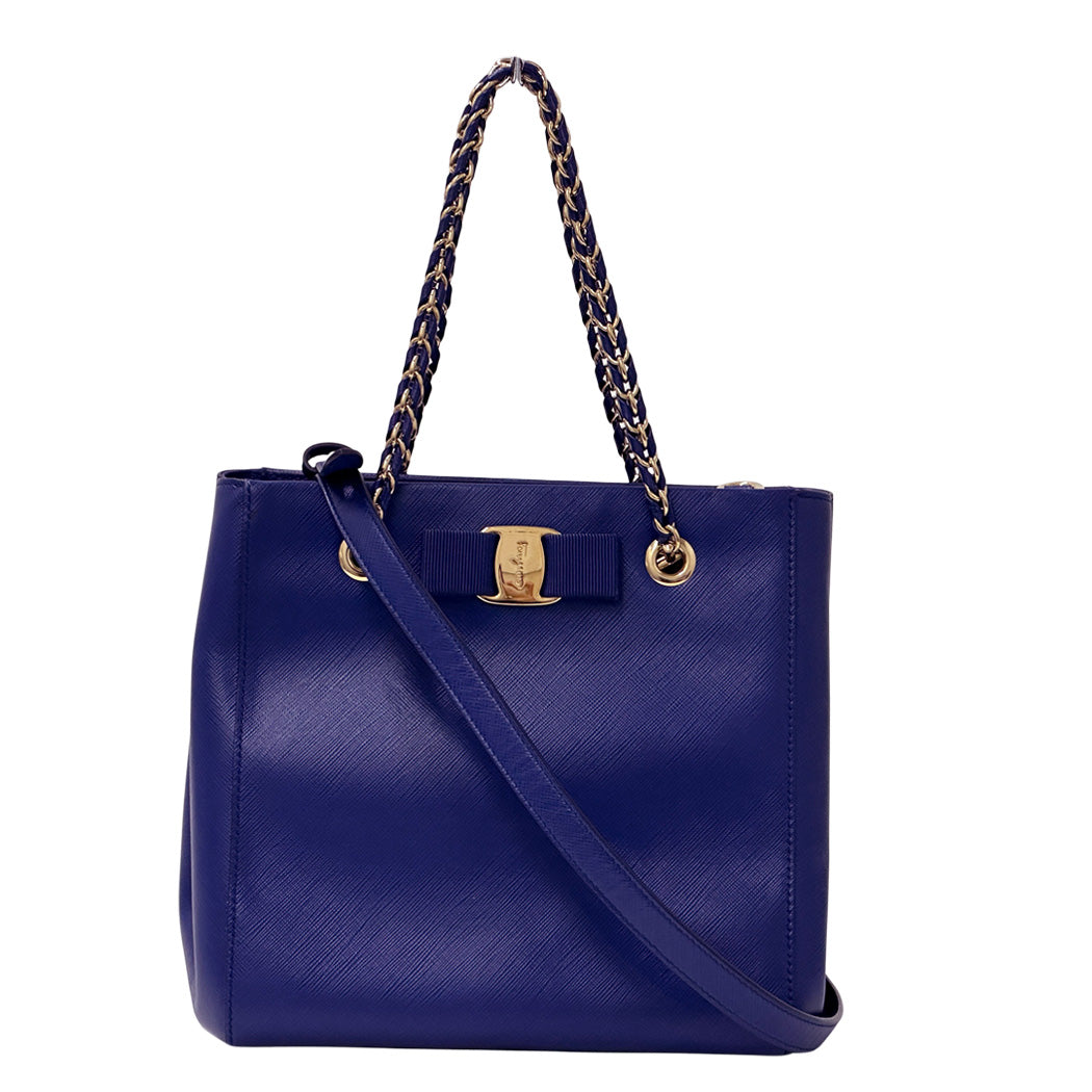 Ferragamo フェラガモ 2wayバッグ ヴァラリボン ブルー ゴールド金具 レザー レディース 【中古】