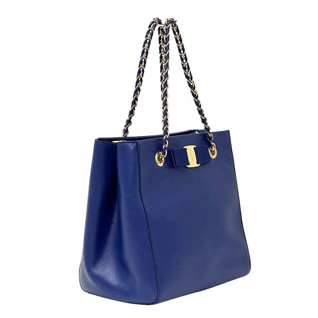Ferragamo フェラガモ 2wayバッグ ヴァラリボン ブルー ゴールド金具 レザー レディース 【中古】