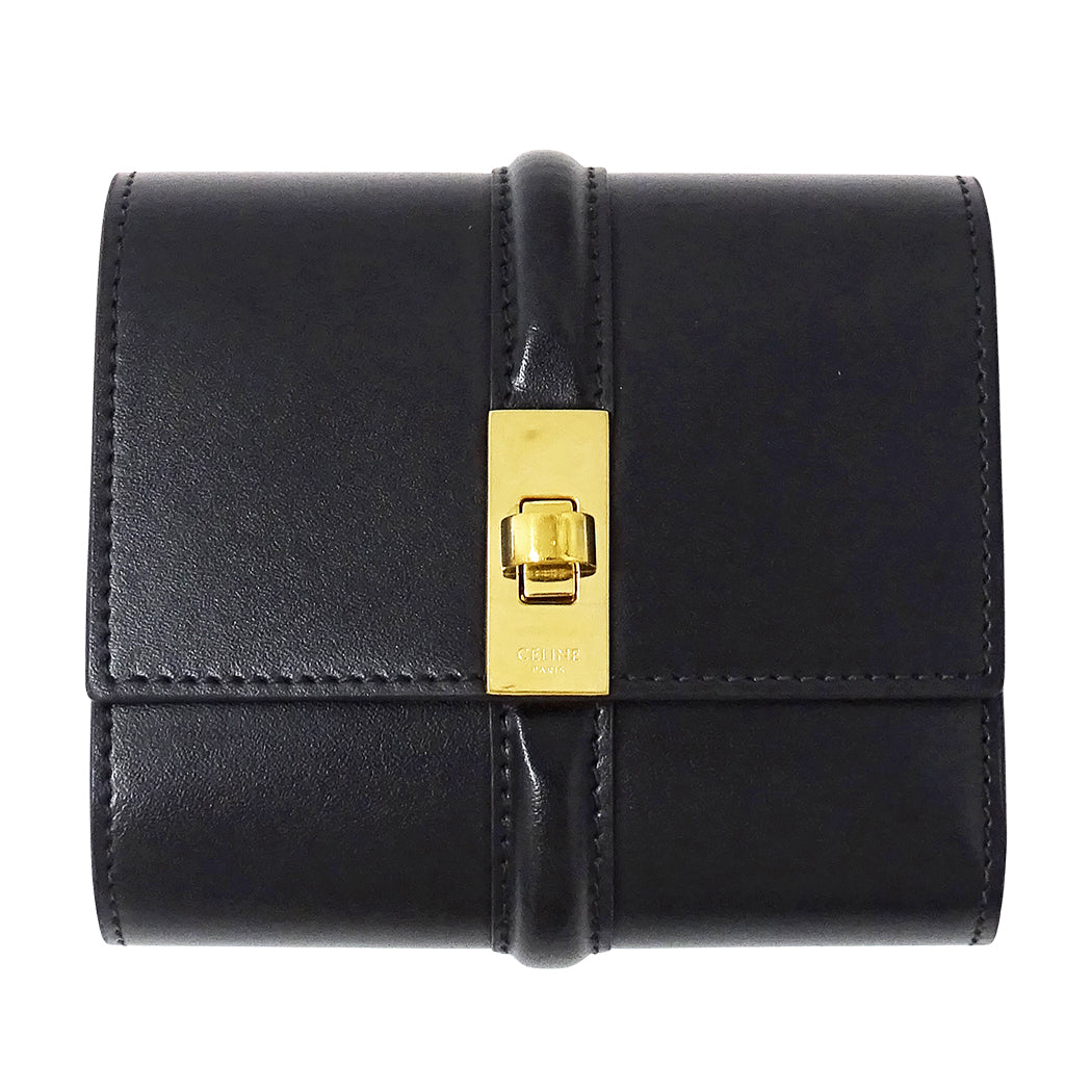 CELINE セリーヌ スモール トリフォールドウォレット 16 セーズ 三つ折り財布 ブラック レザー レディース 【中古】