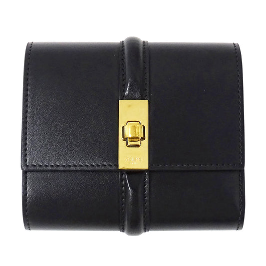 CELINE セリーヌ スモール トリフォールドウォレット 16 セーズ 三つ折り財布 ブラック レザー レディース 【中古】