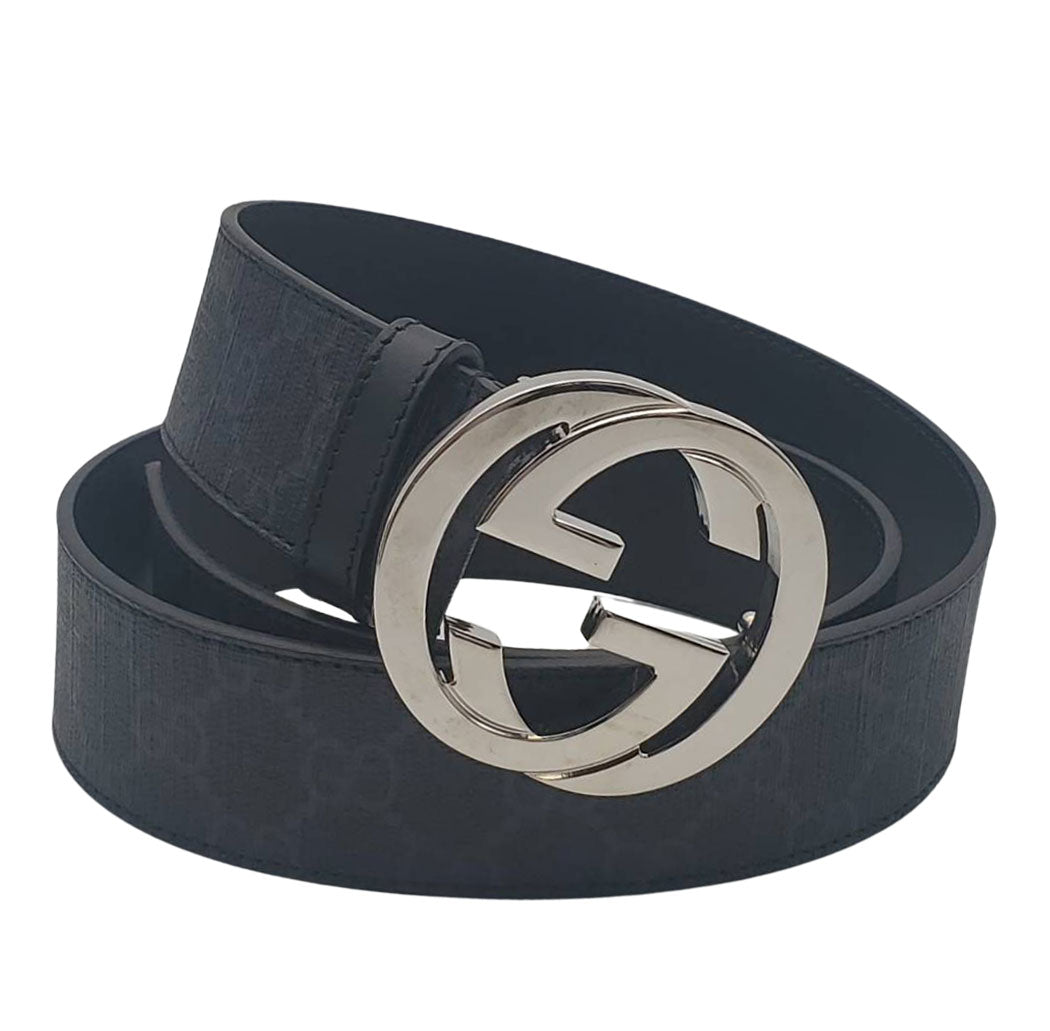 GUCCI グッチ インターロッキング GGスプリーム ベルト ブラック シルバー金具 411924 レザー メンズ 【中古】