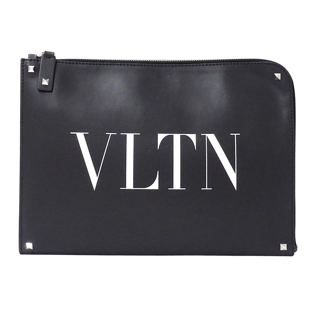 Valentino Garavani ヴァレンティノ・ガラヴァーニ VLTN クラッチ・セカンドバッグ ブラック レザー レディース メンズ 【中古】