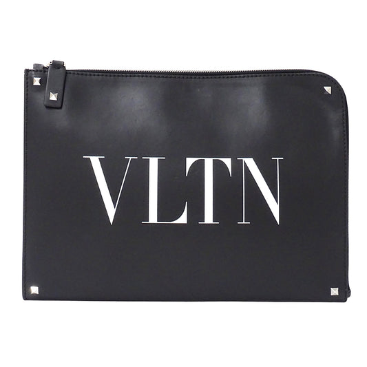 Valentino Garavani ヴァレンティノ・ガラヴァーニ VLTN クラッチ・セカンドバッグ ブラック レザー レディース メンズ 【中古】