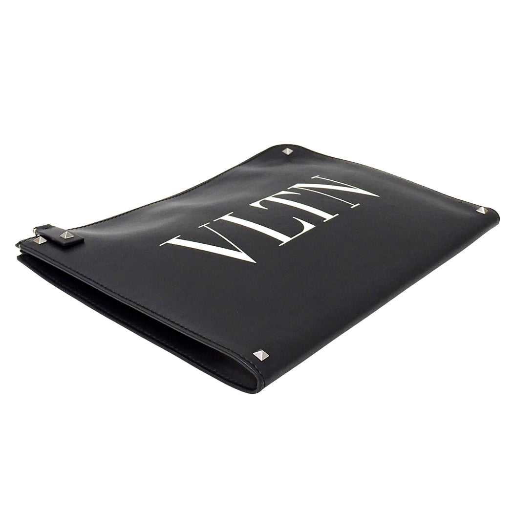 Valentino Garavani ヴァレンティノ・ガラヴァーニ VLTN クラッチ・セカンドバッグ ブラック レザー レディース メンズ 【中古】