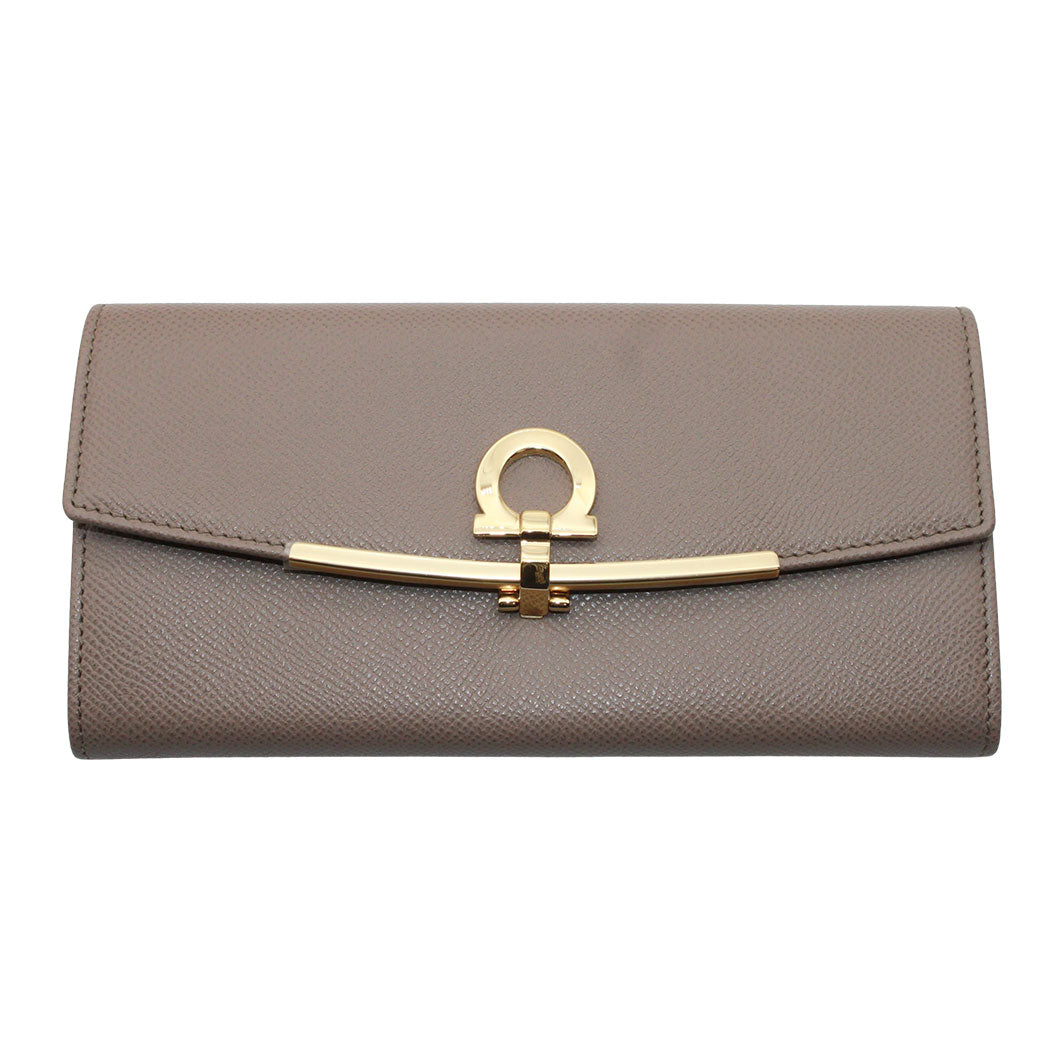 Ferragamo フェラガモ 長財布 ガンチーニ クリップ グレー レザー レディース 【中古】