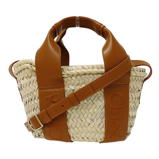 Chloe クロエ センス スモールバスケット 2wayバッグ ブラウン ラフィア レディース 【中古】