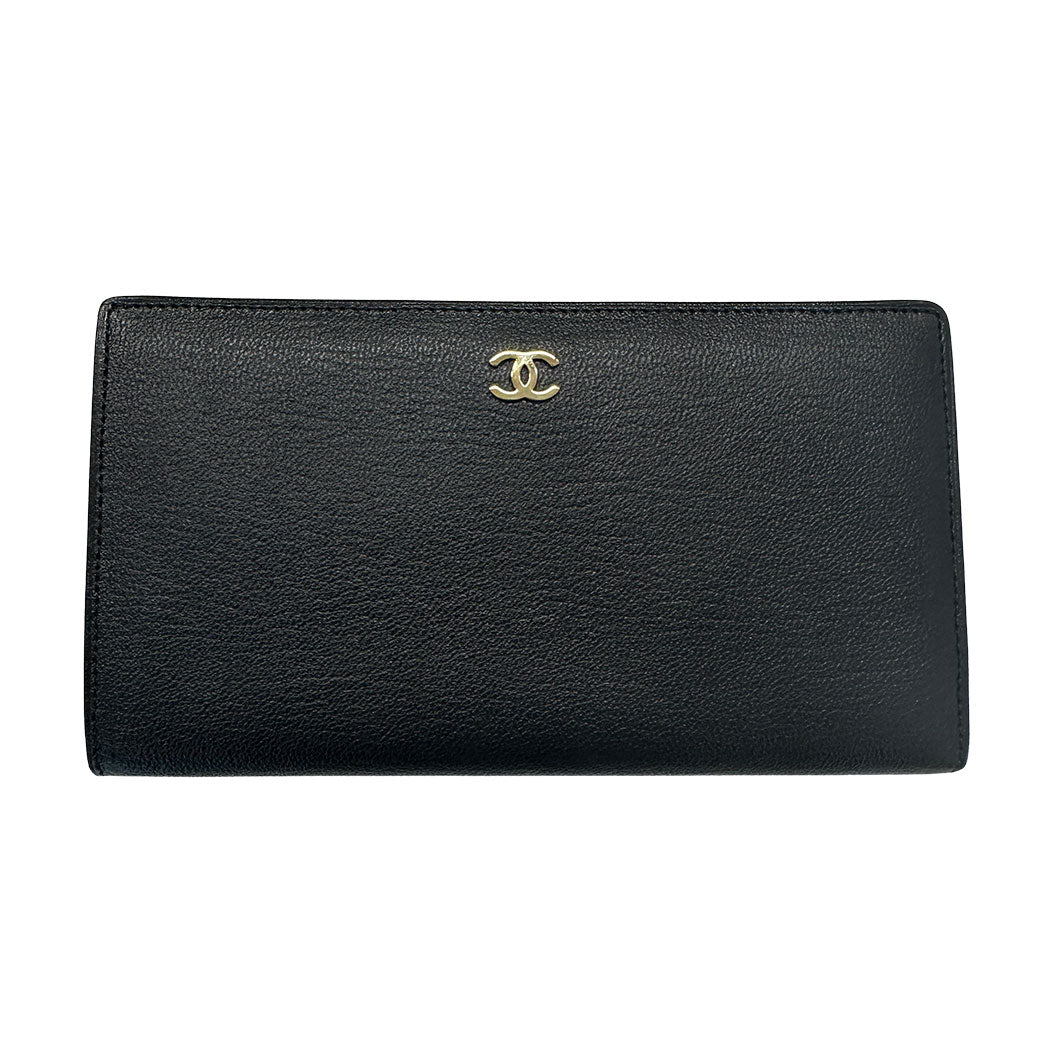 CHANEL シャネル 長財布 ブラック ゴールド金具 レザー レディース 【中古】