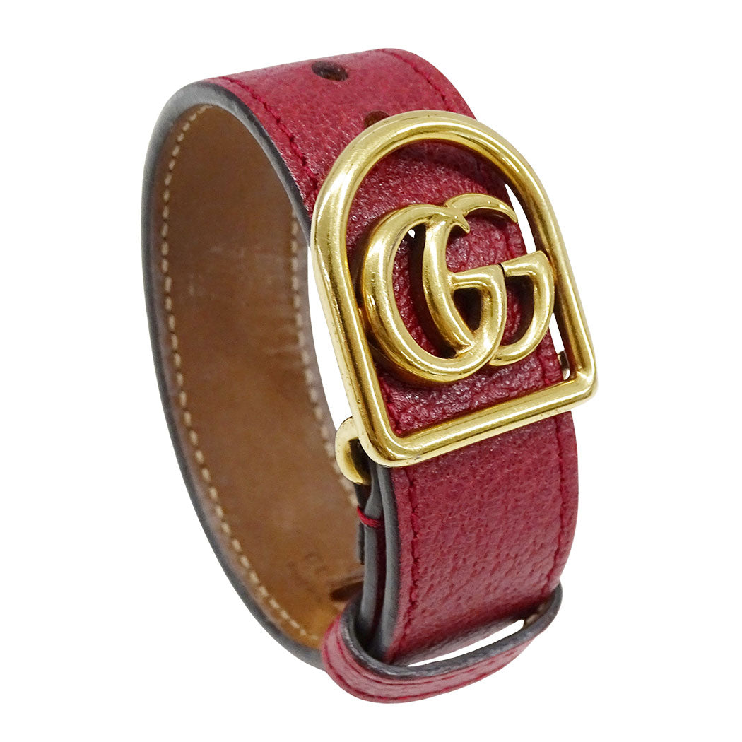 GUCCI グッチ ブレスレット GGマーモント レザー レッド ゴールド Lサイズ レディース メンズ 【中古】