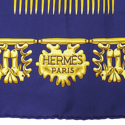 HERMES エルメス LES CAVALIERS D'OR 黄金の騎士 スカーフ カレ 90 ネイビー シルク レディース 【中古】
